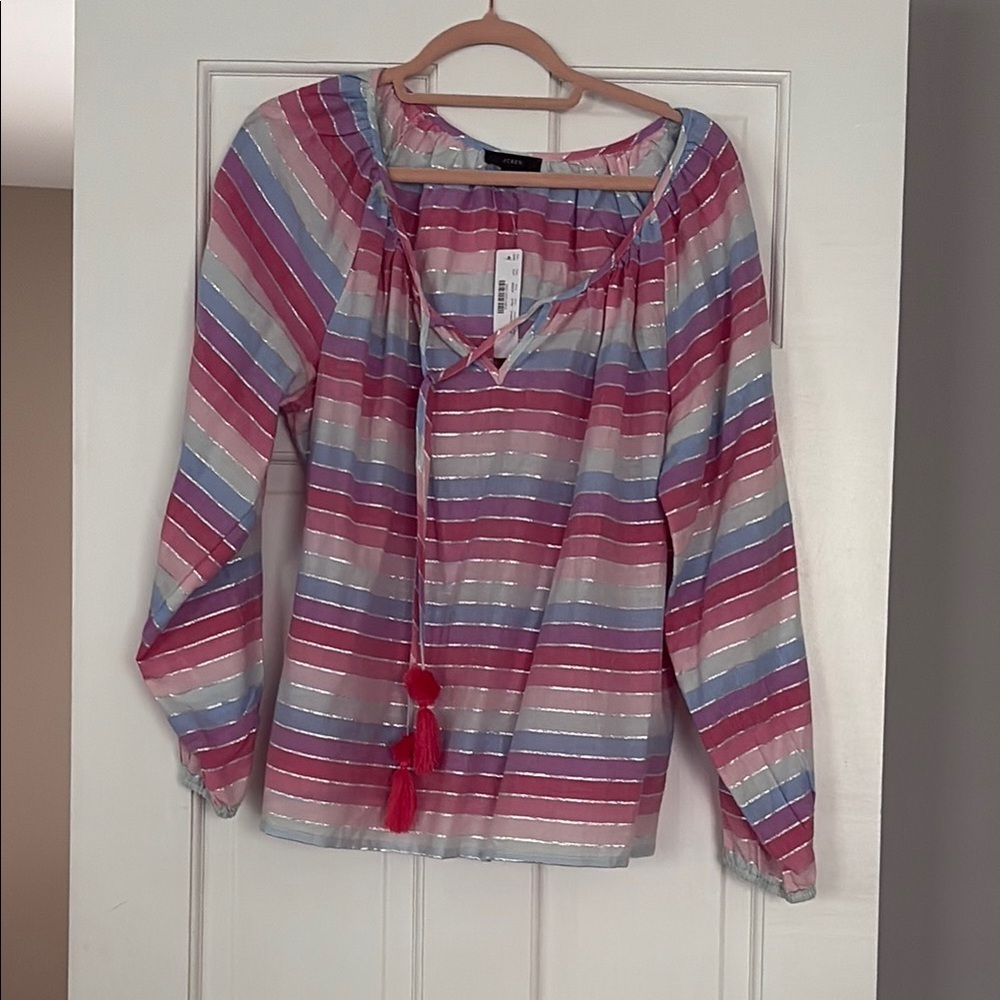 J. Crew Pink and Blue Long Sleeve Tie Front Tunic